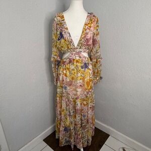 Neon Rose Retro Floral Cutout Maxi Dress Yellow Pink 70s Style Boho Small